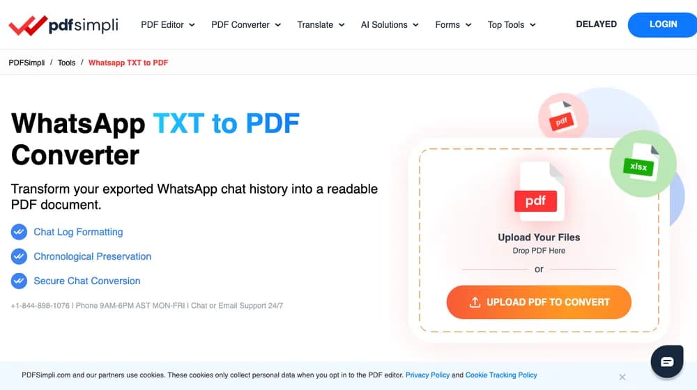 Live PDFSimpli WhatsApp TXT converter page showing its WhatsApp claim beside the visible PDF-only upload prompt