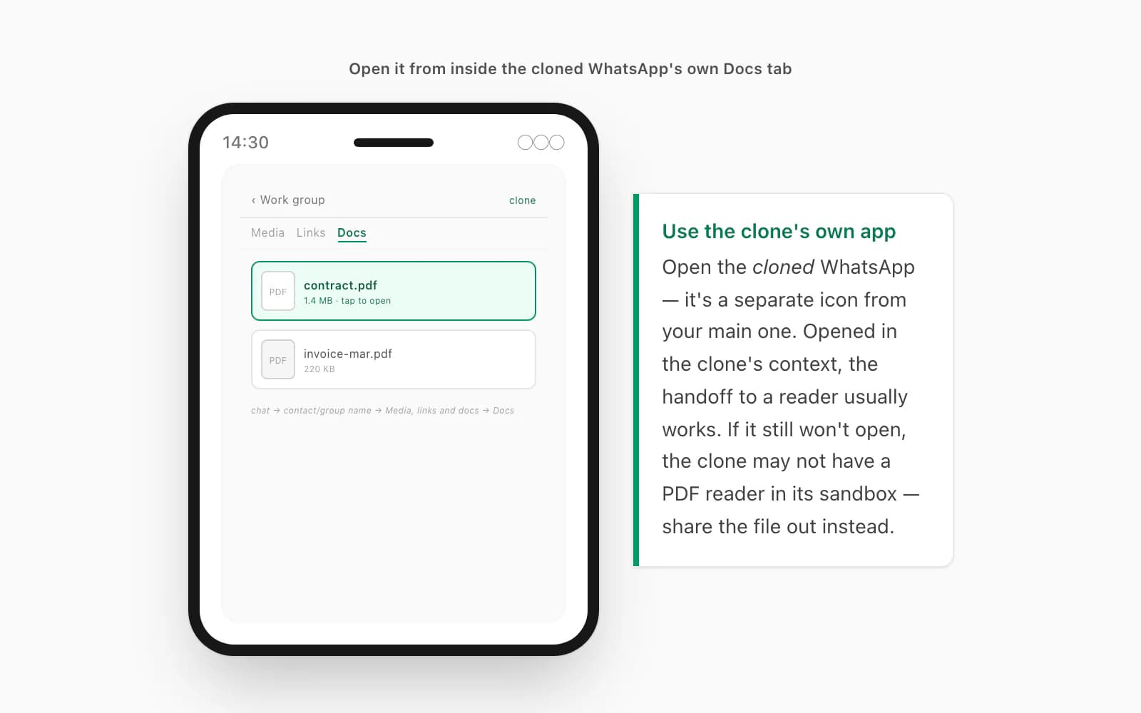 Cloned WhatsApp open at its own media gallery showing the received PDF document tile that the main side can't browse