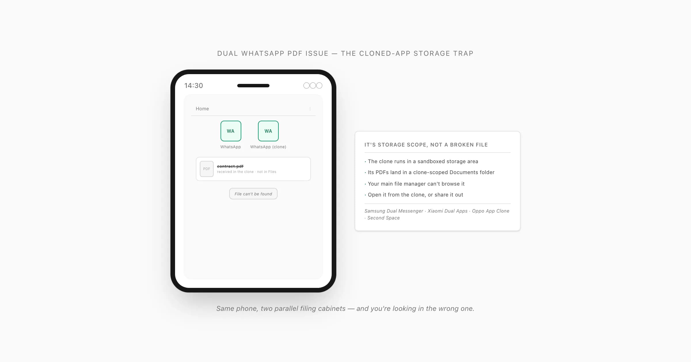 Phone with a main WhatsApp and a cloned WhatsApp, a received PDF that vanished between the two sandboxed storage areas