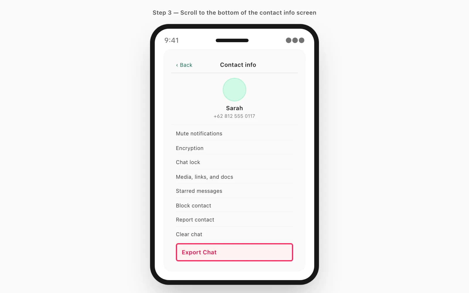 iPhone WhatsApp contact info screen with the Export Chat row highlighted in red at the bottom