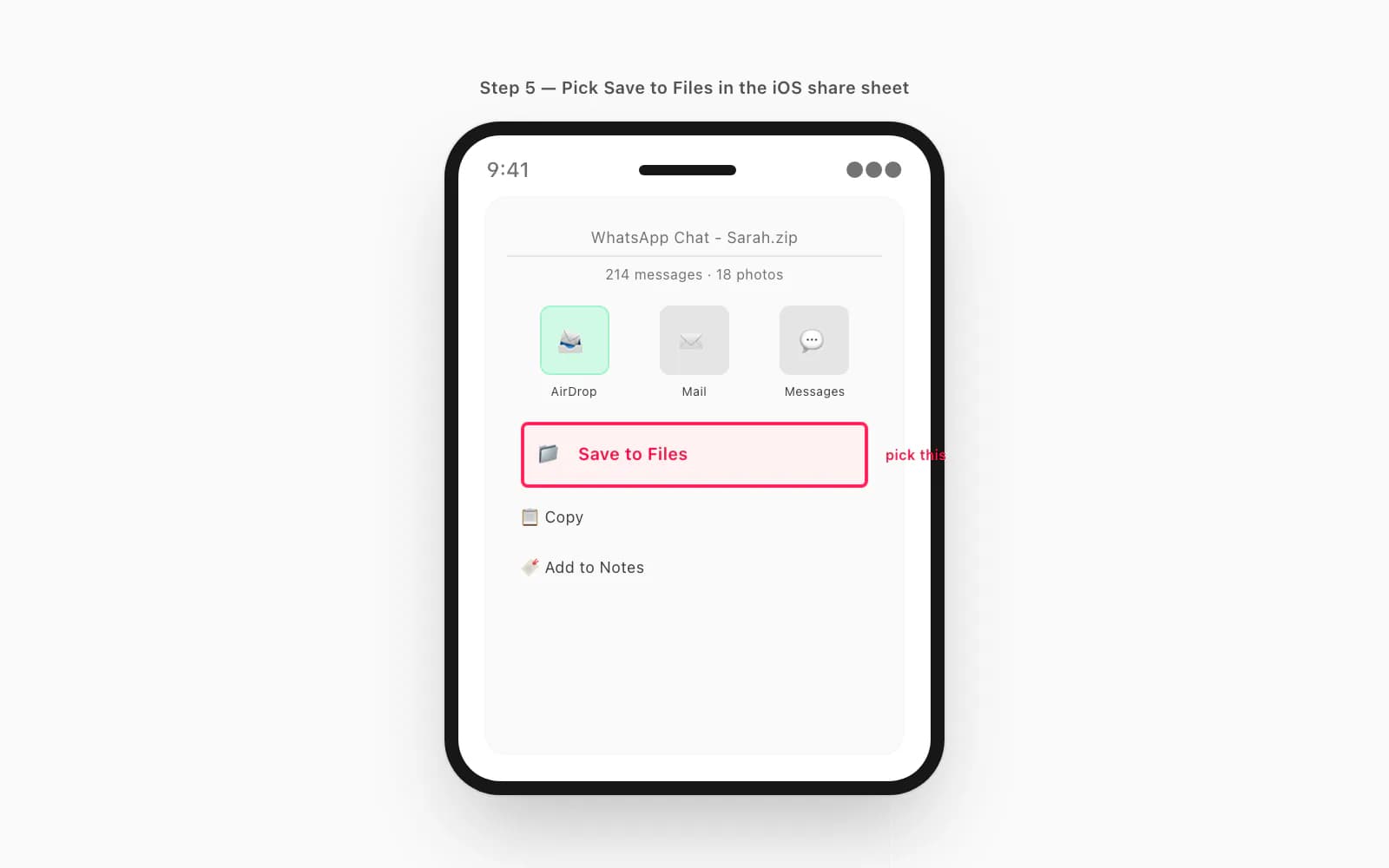 iOS share sheet with Save to Files highlighted, after Export Chat in WhatsApp