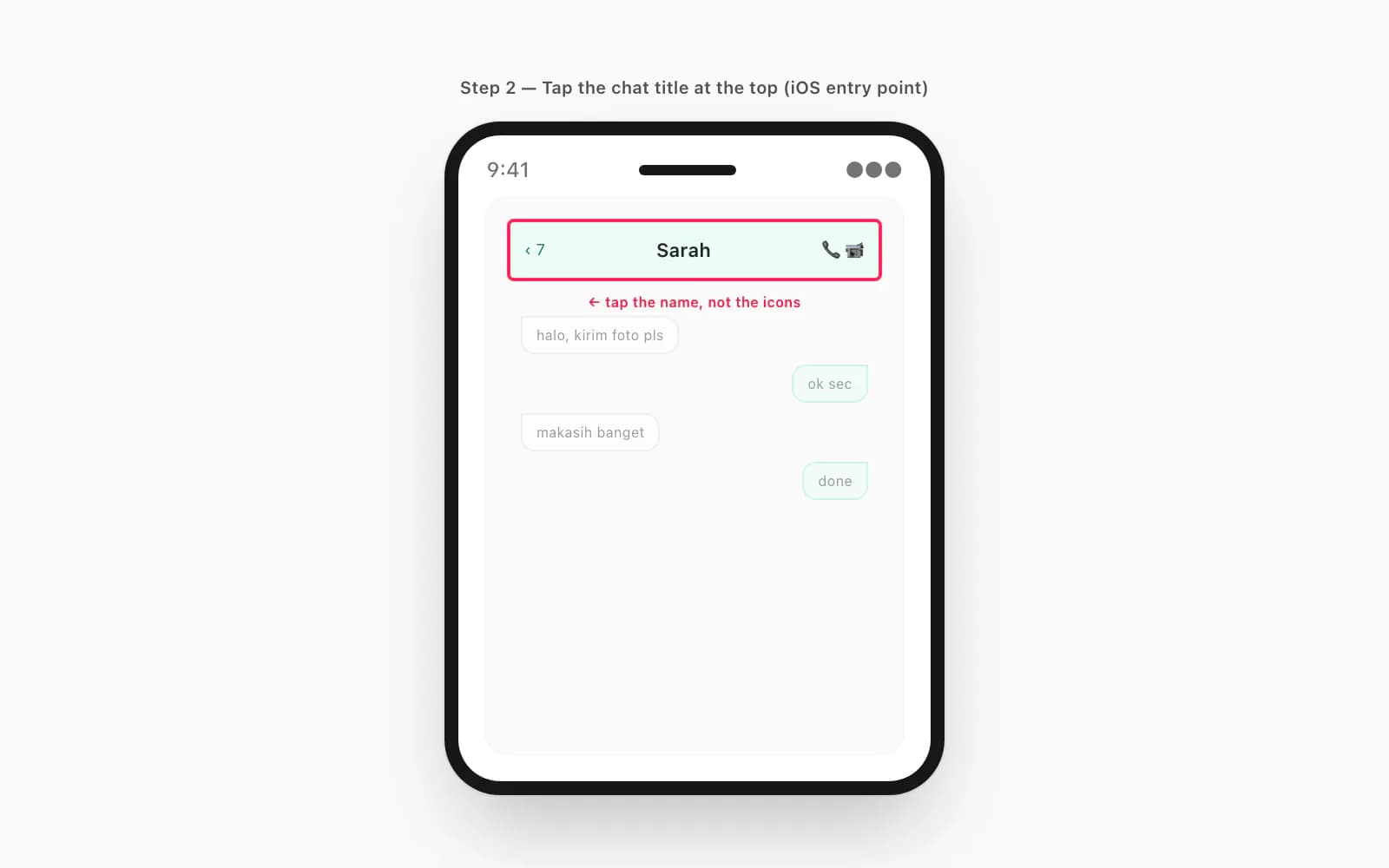 iPhone WhatsApp chat with the chat title bar circled — the iOS entry point for the export menu