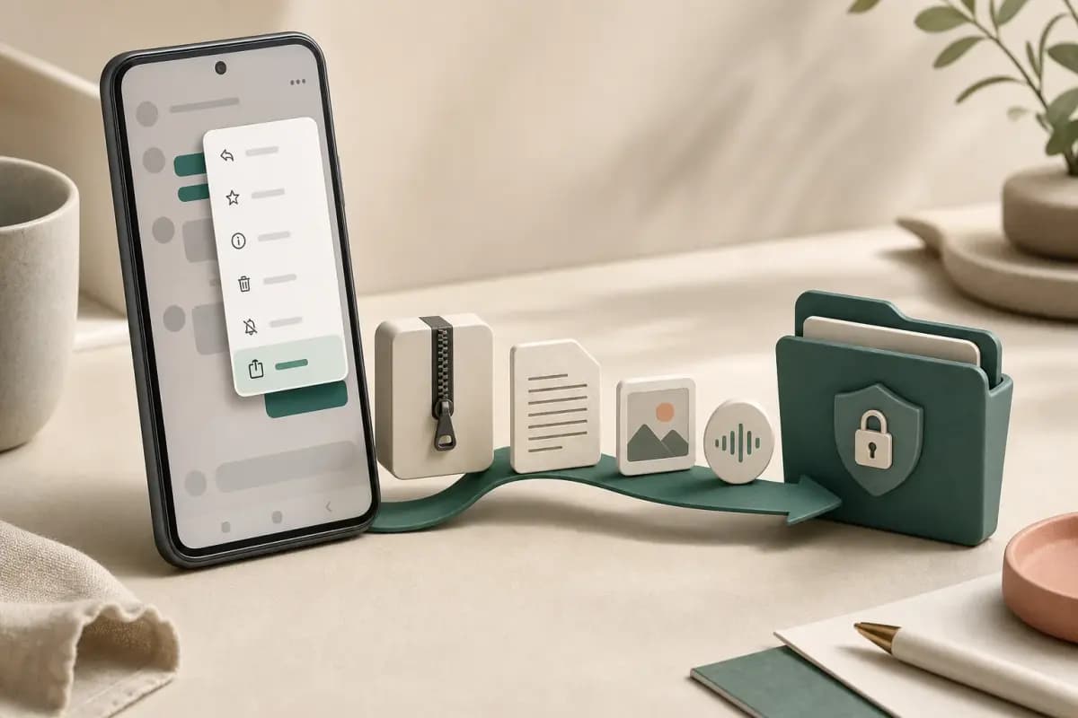 Android overflow export menu sending the transcript, photos, and audio into a secure folder