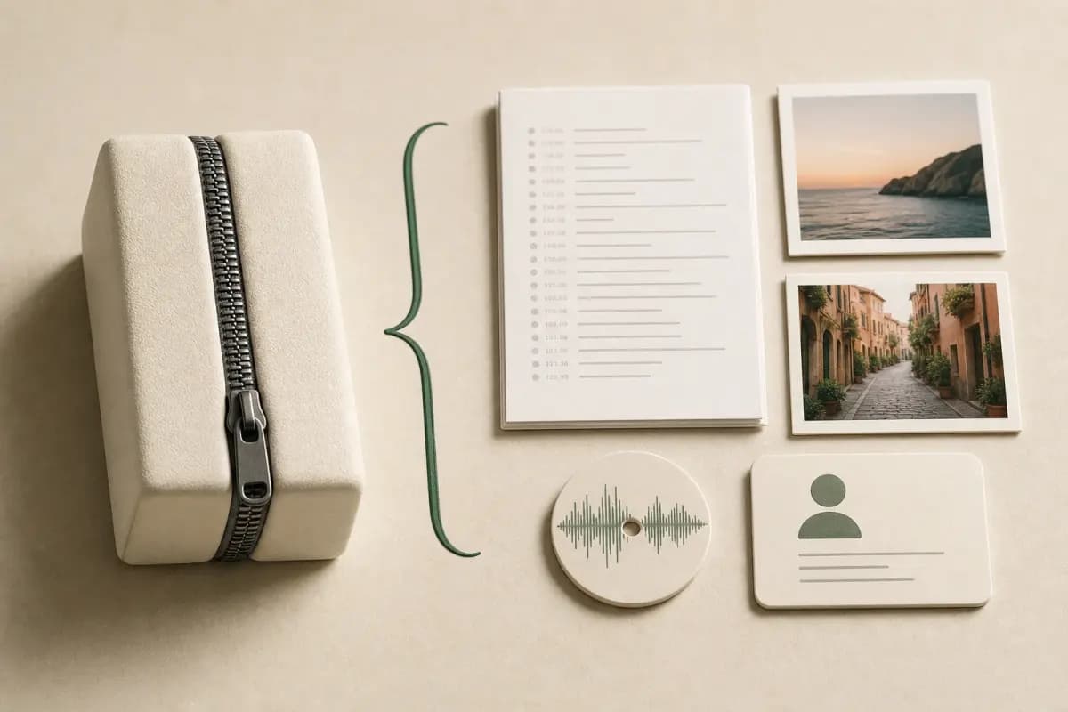 Opened chat ZIP beside its transcript, photo cards, voice-note disc, and contact record