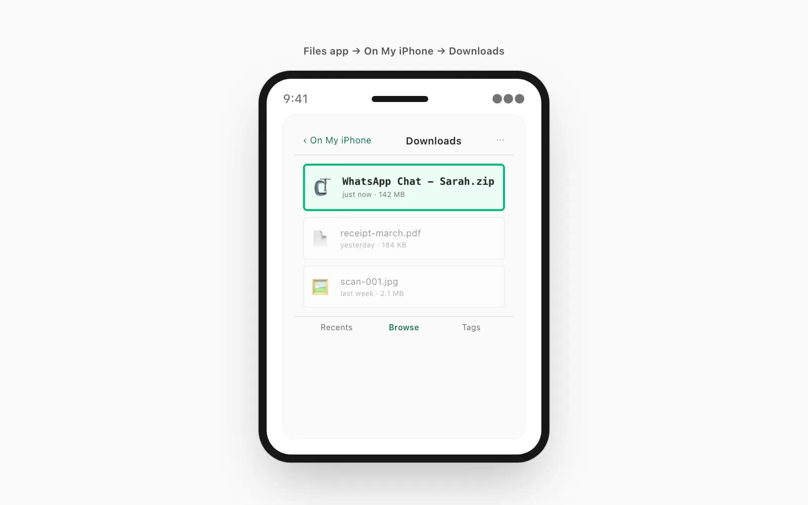 iPhone Files app with the WhatsApp Chat ZIP saved under On My iPhone in the Downloads folder