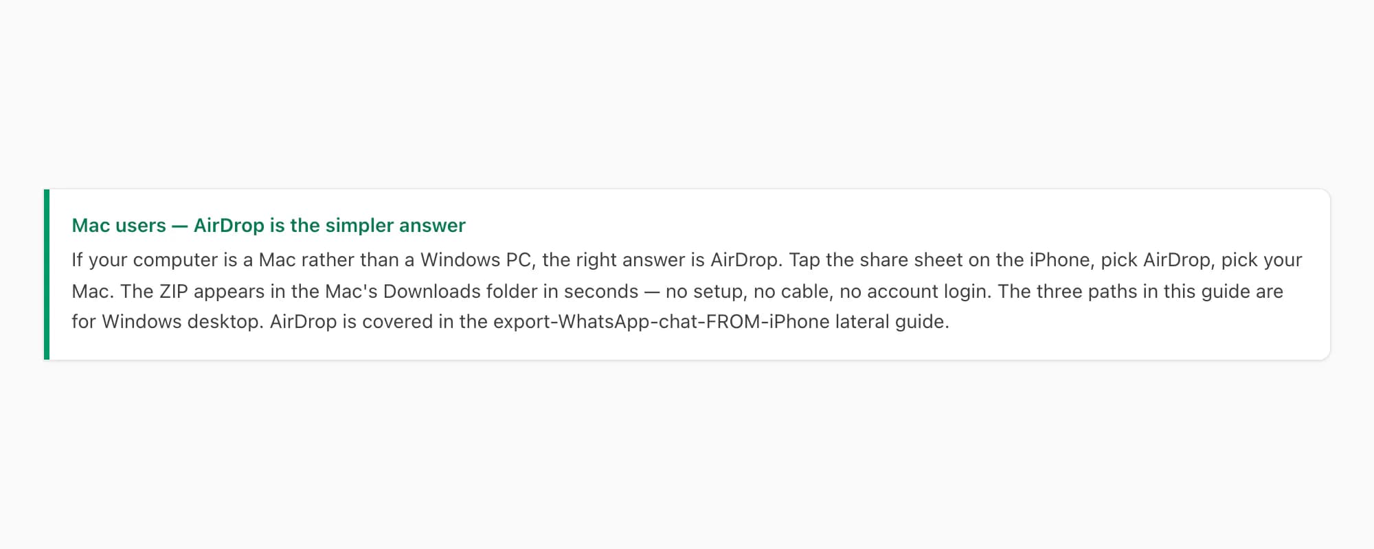 Callout — Mac users use AirDrop instead, the iPhone-to-PC paths in this guide are for Windows desktop only