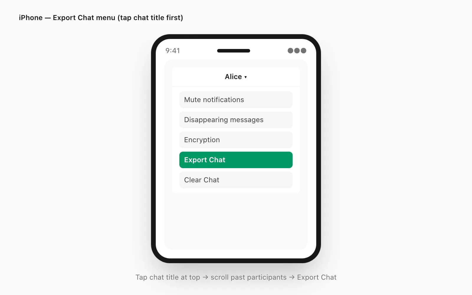 iPhone Export Chat menu shown inside a phone frame with the Export Chat option highlighted in green