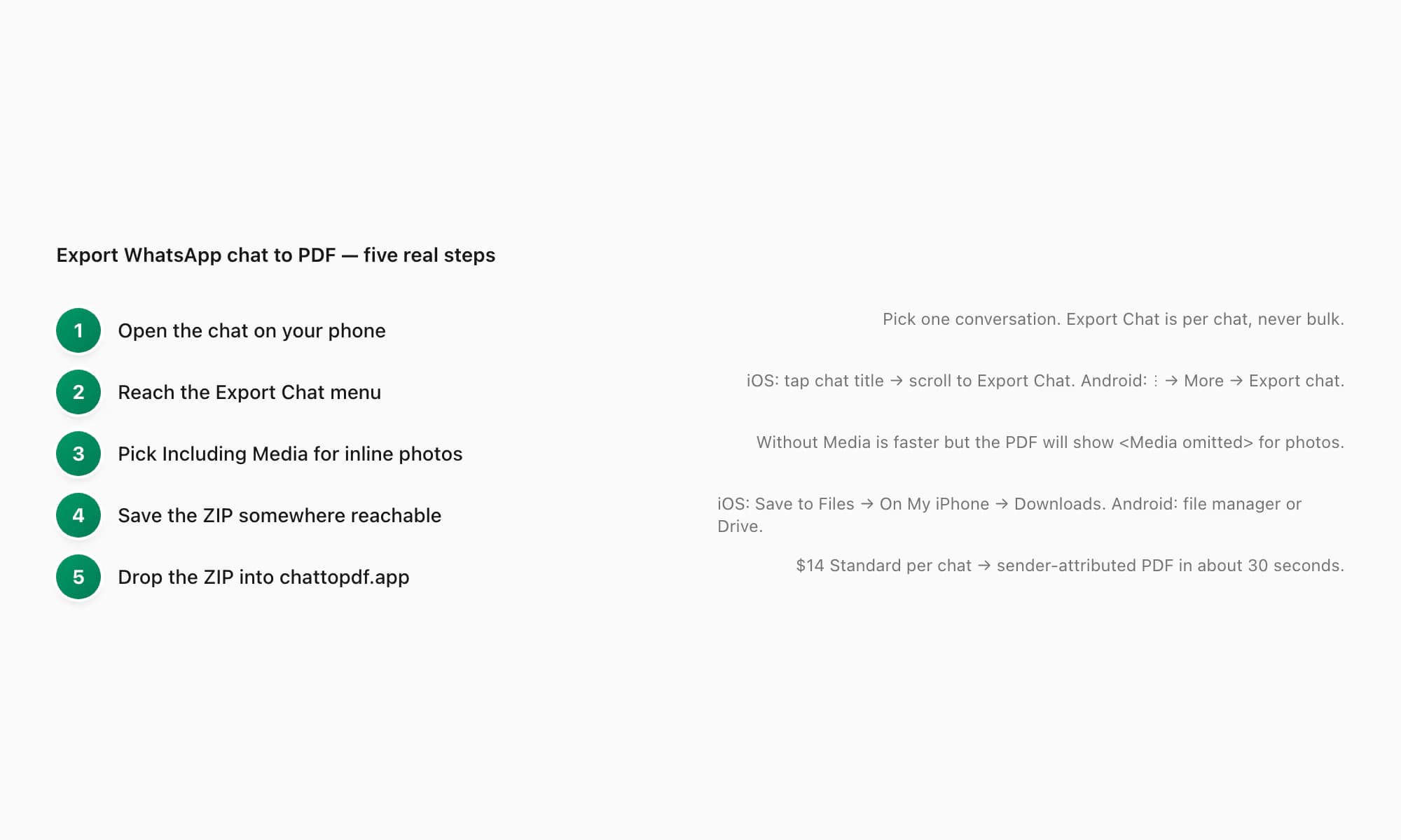 Five real steps to export a WhatsApp chat to a PDF using the chattopdf bridge — open chat through to download PDF