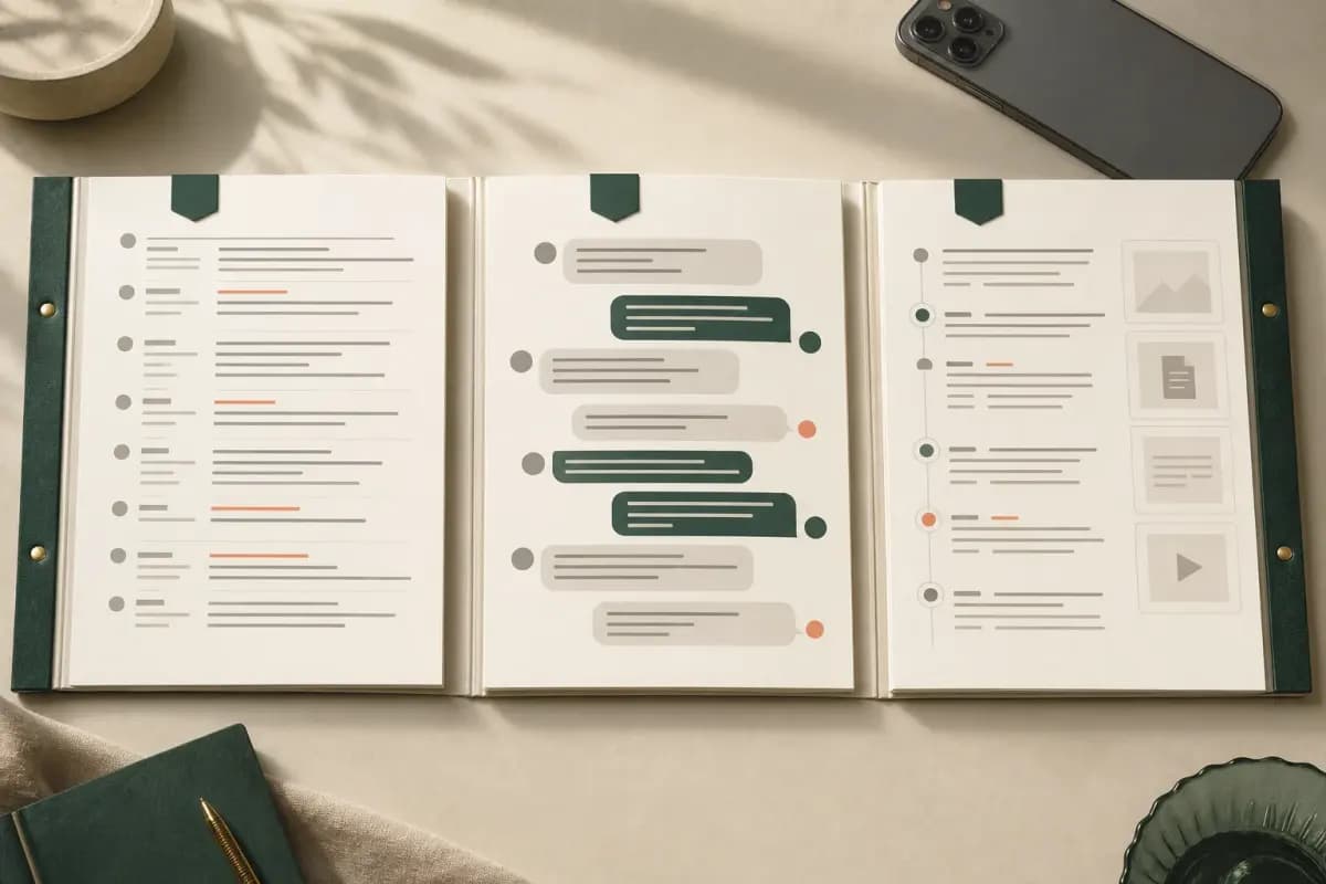 Three fixed-layout PDF styles showing a compact transcript, familiar chat bubbles, and evidence-focused chronology