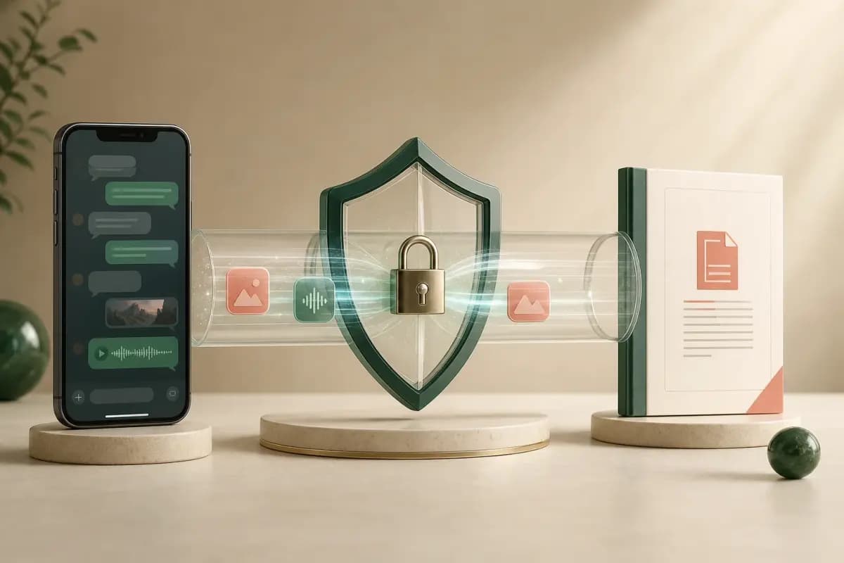 iPhone chat data moving through a locked private-processing tunnel before becoming a PDF