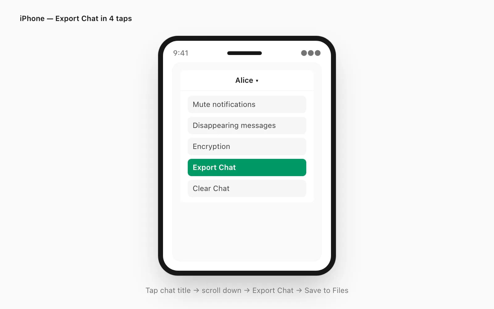 iPhone Export Chat menu rendered inside a phone frame with the Export Chat option highlighted in green