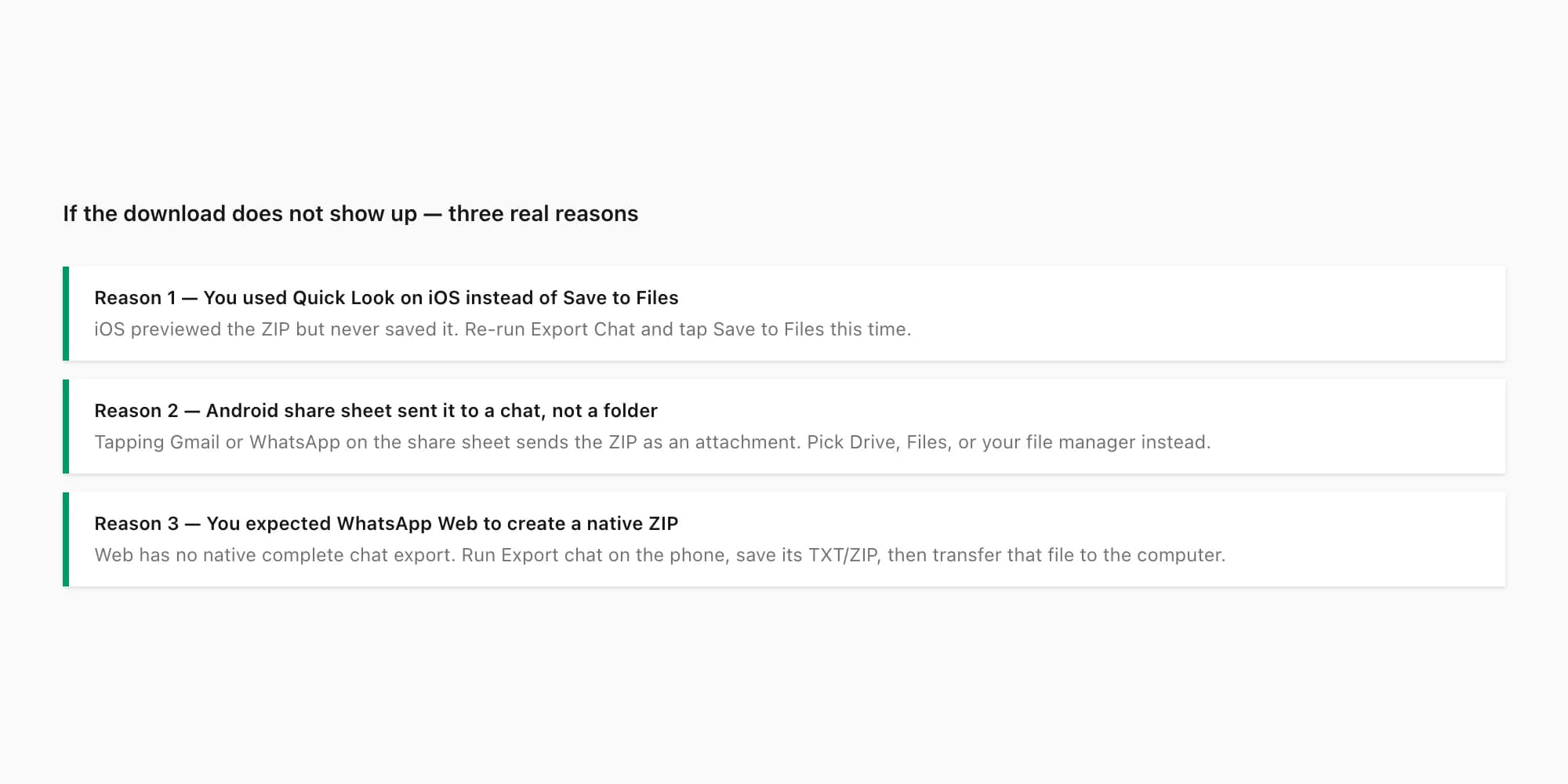 Three real reasons your downloaded WhatsApp chat does not show up — Quick Look preview Android share sheet Chromium block