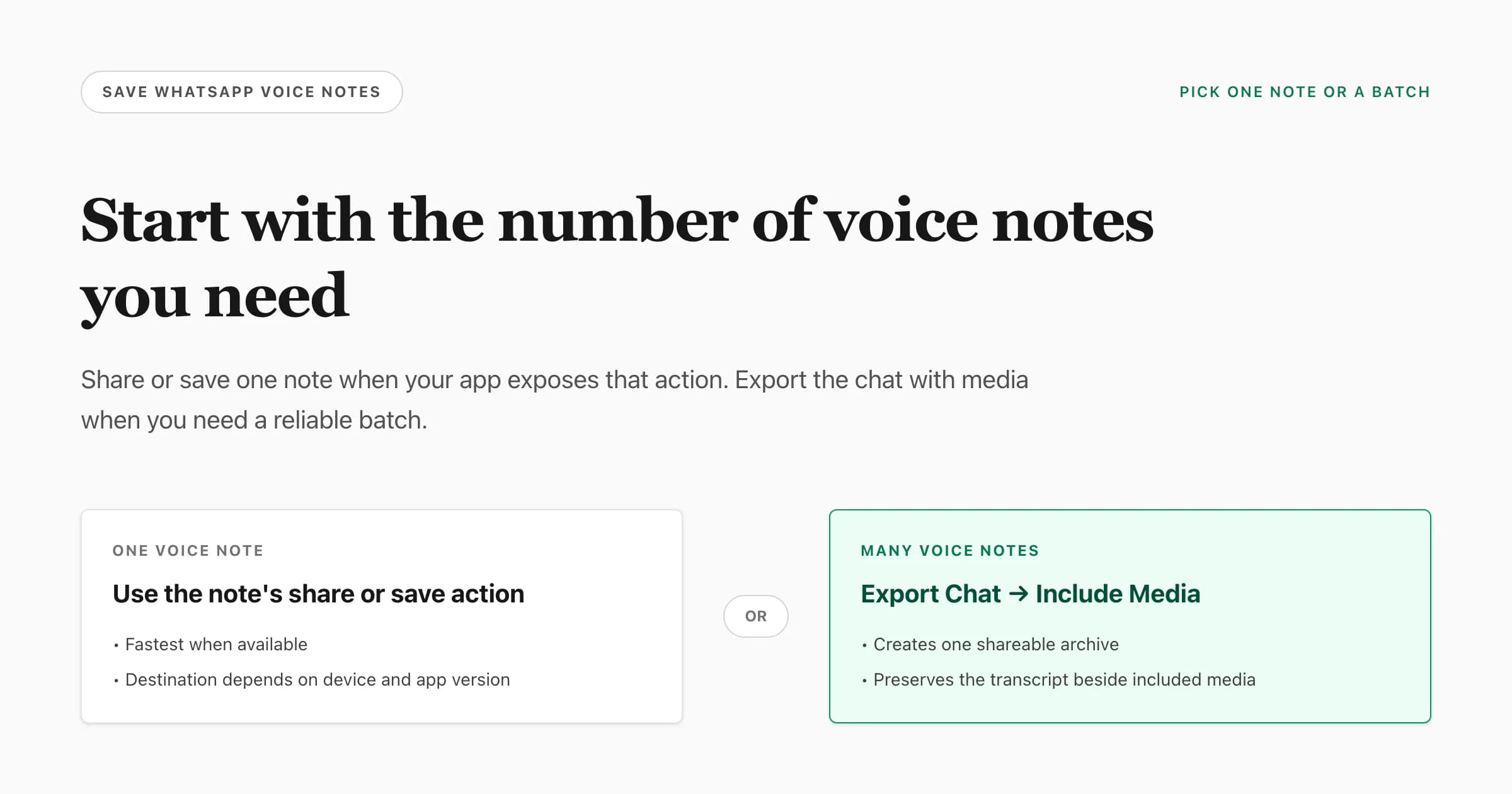 How to download WhatsApp voice notes decision showing a single-note share route and an Include Media batch export