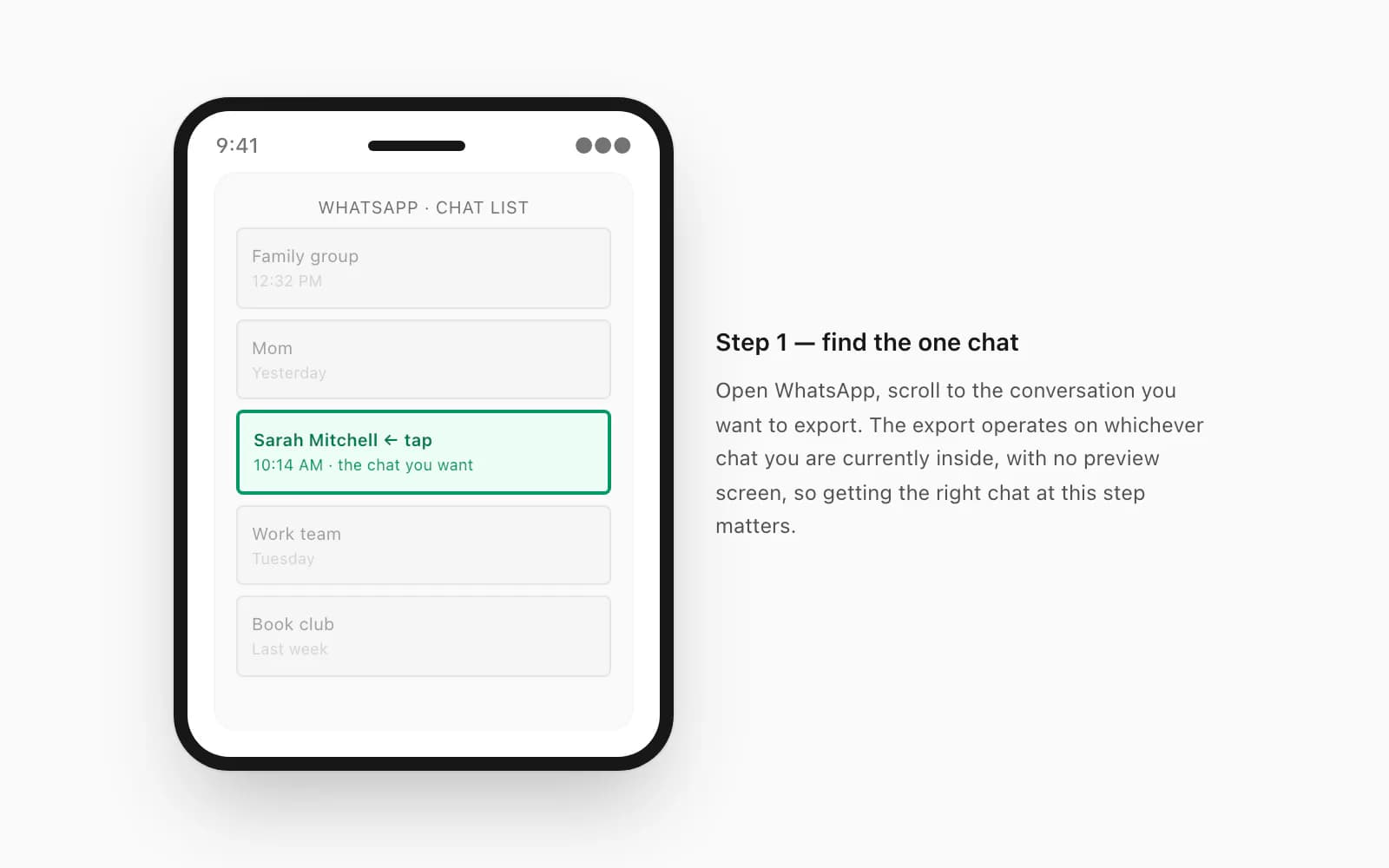 iPhone-frame mockup of the WhatsApp chat list with one specific conversation row highlighted as the user's tap target