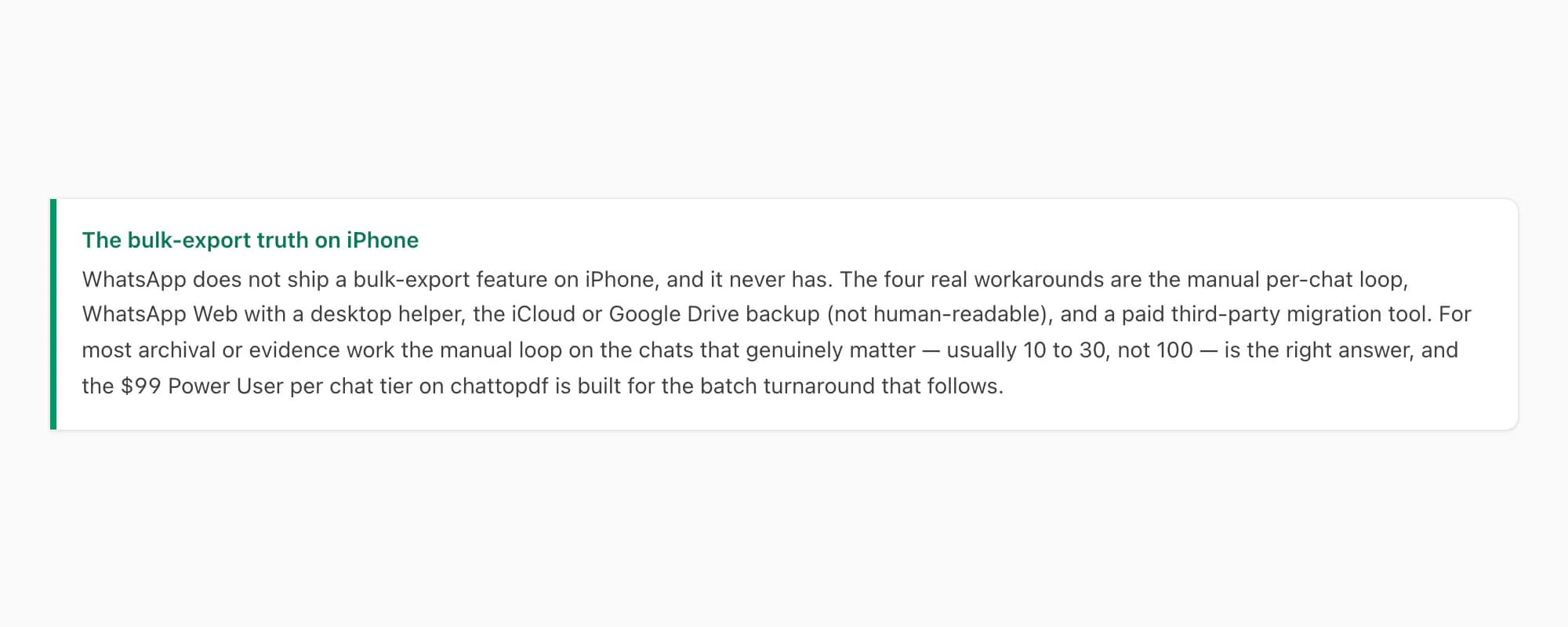 Callout — WhatsApp has no bulk export; realistic options are a manual loop or a paid third-party migration tool