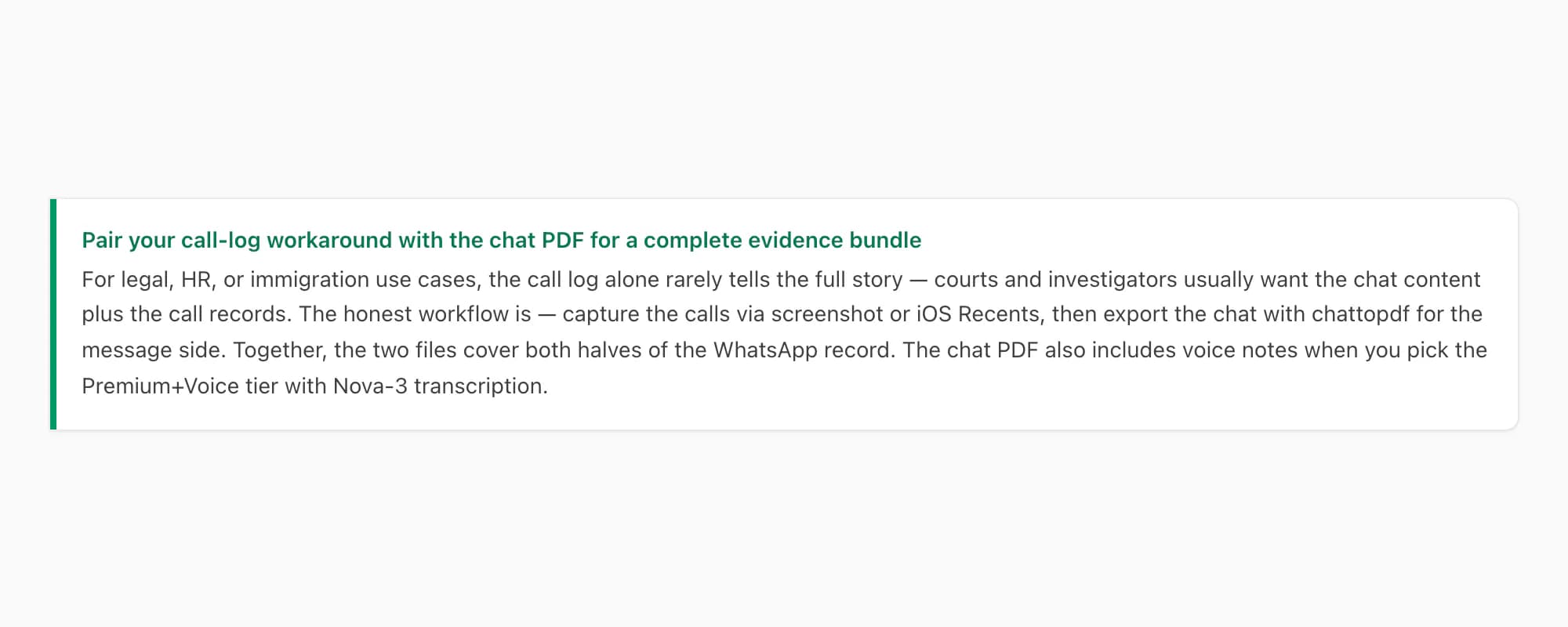 Callout — pair the call-log workaround with a chat PDF for a complete legal or HR evidence bundle