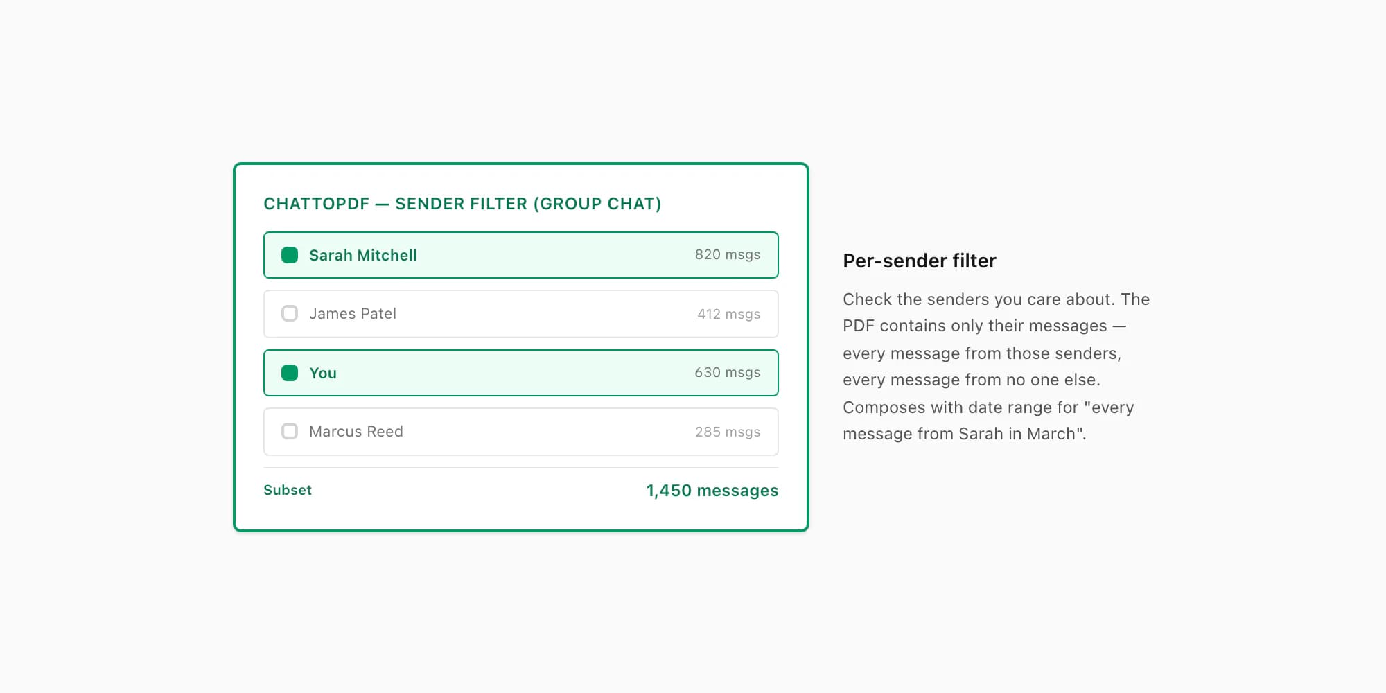 Sender filter checkbox list of group-chat participants with two selected, narrowing the export to those senders