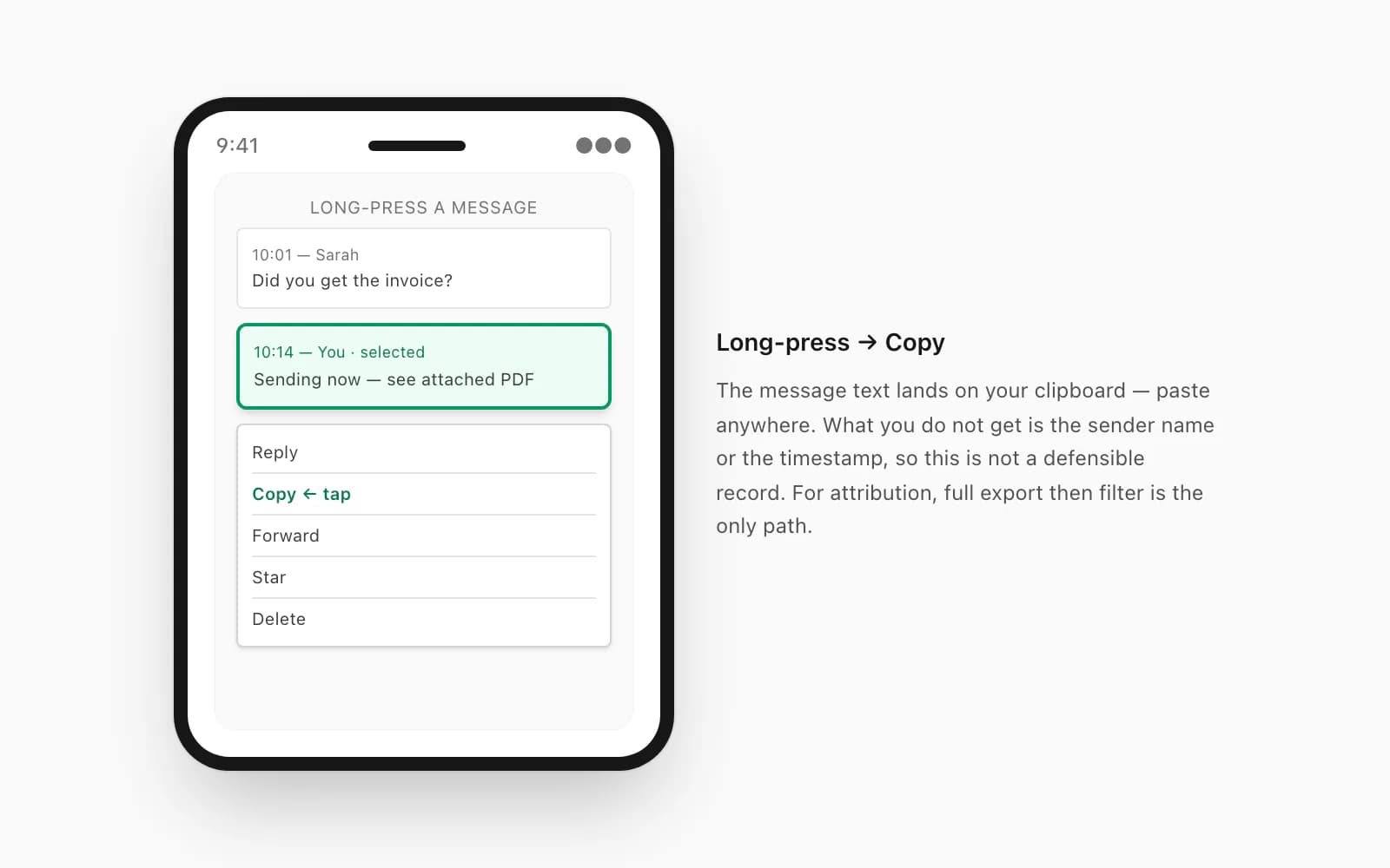 iPhone-frame mockup of long-press on a single WhatsApp message bubble revealing the Copy action in a contextual menu