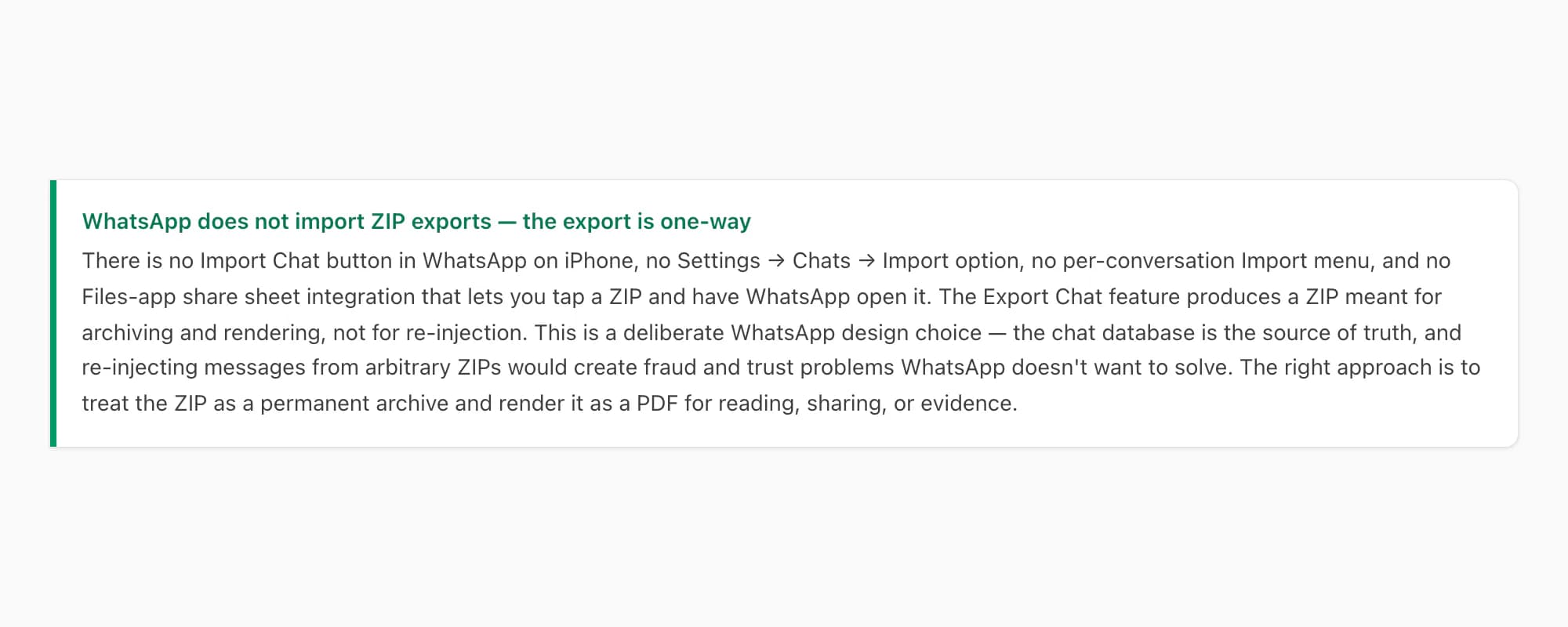 Callout — WhatsApp does not support importing a ZIP back into the app; export is one-way for reading or archiving