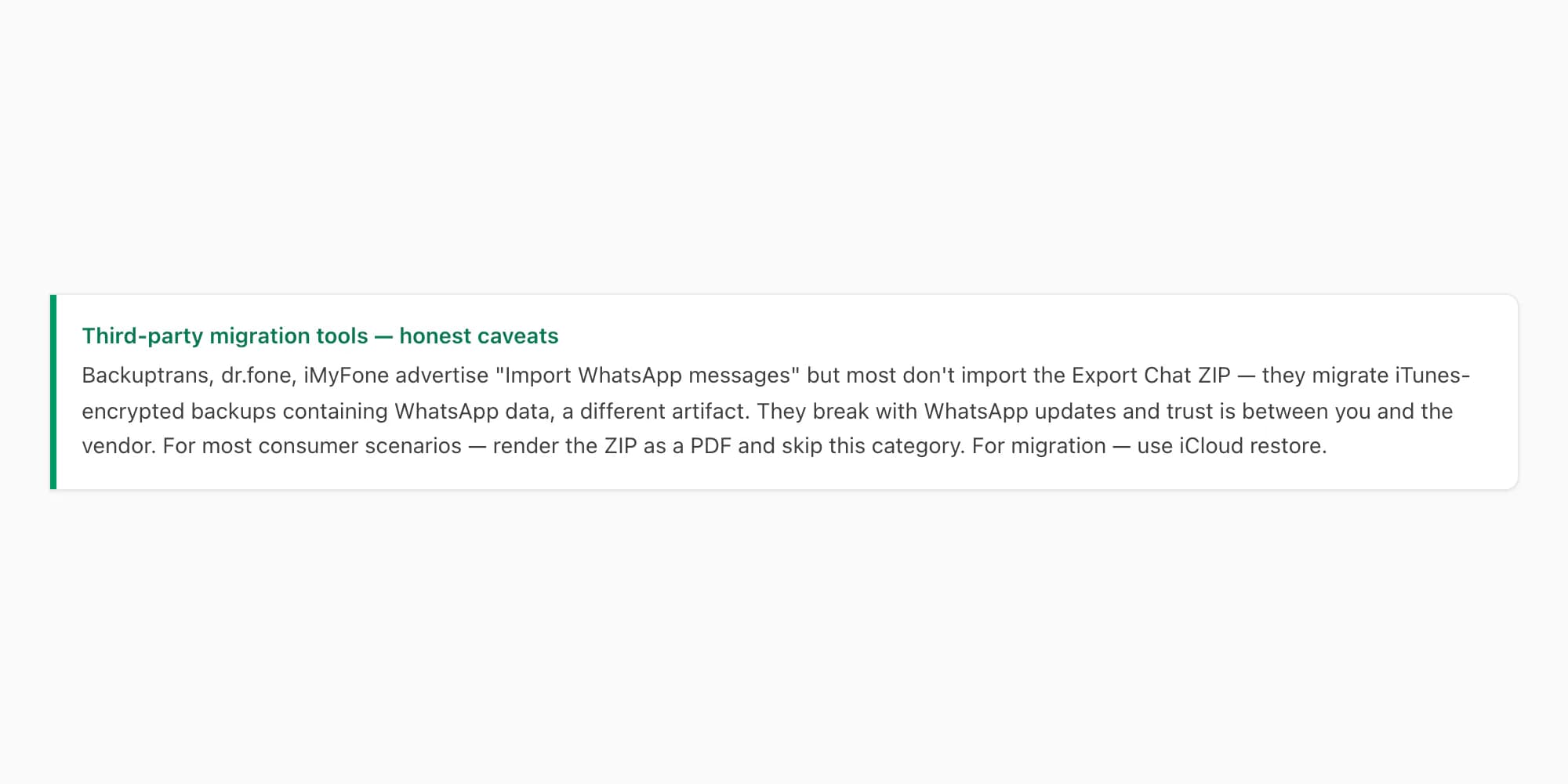 Callout listing third-party WhatsApp migration tools — Backuptrans, dr.fone, iMyFone — with caveats about breakage