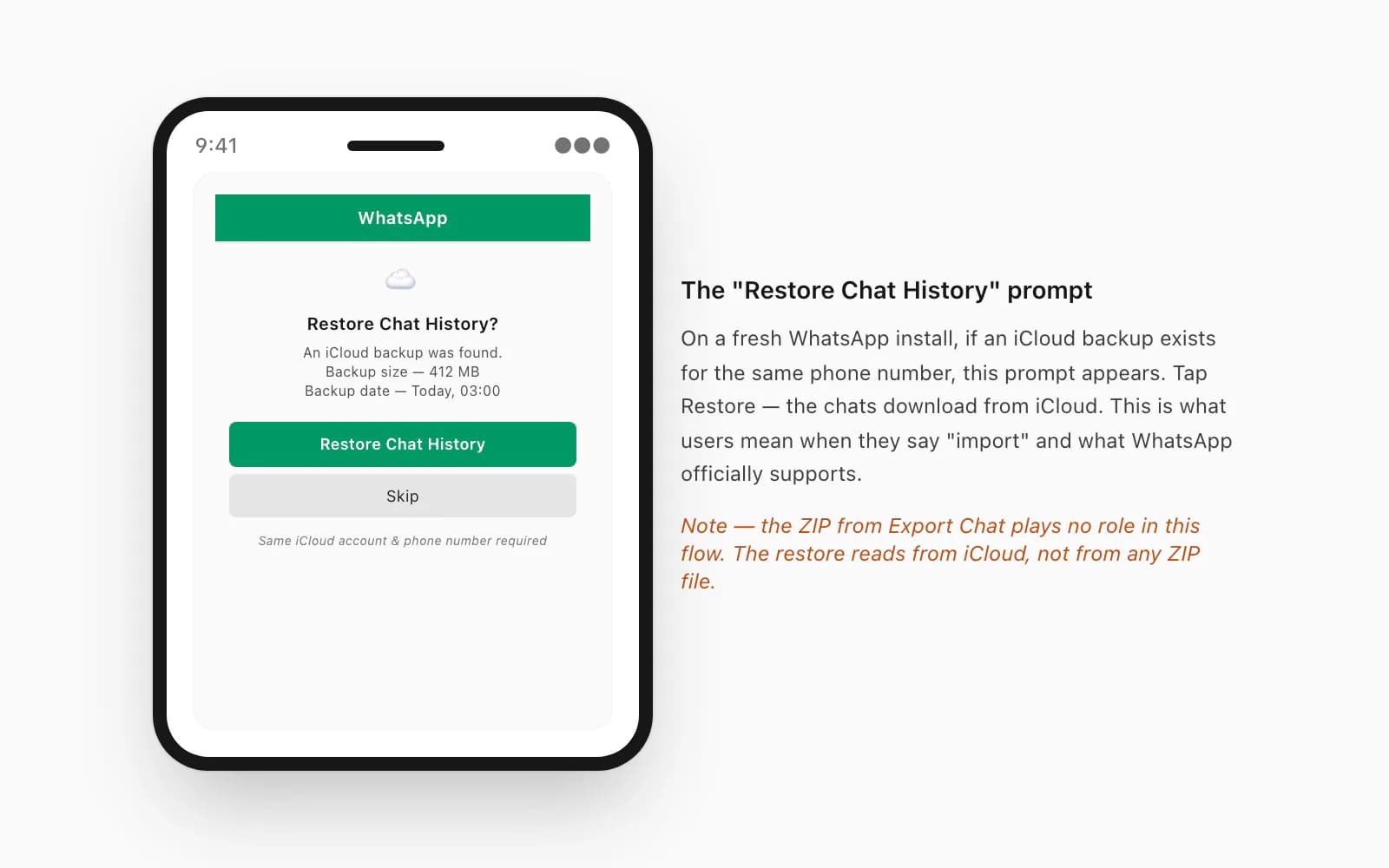 iOS WhatsApp Restore Chat History prompt from iCloud backup that appears on a fresh WhatsApp install