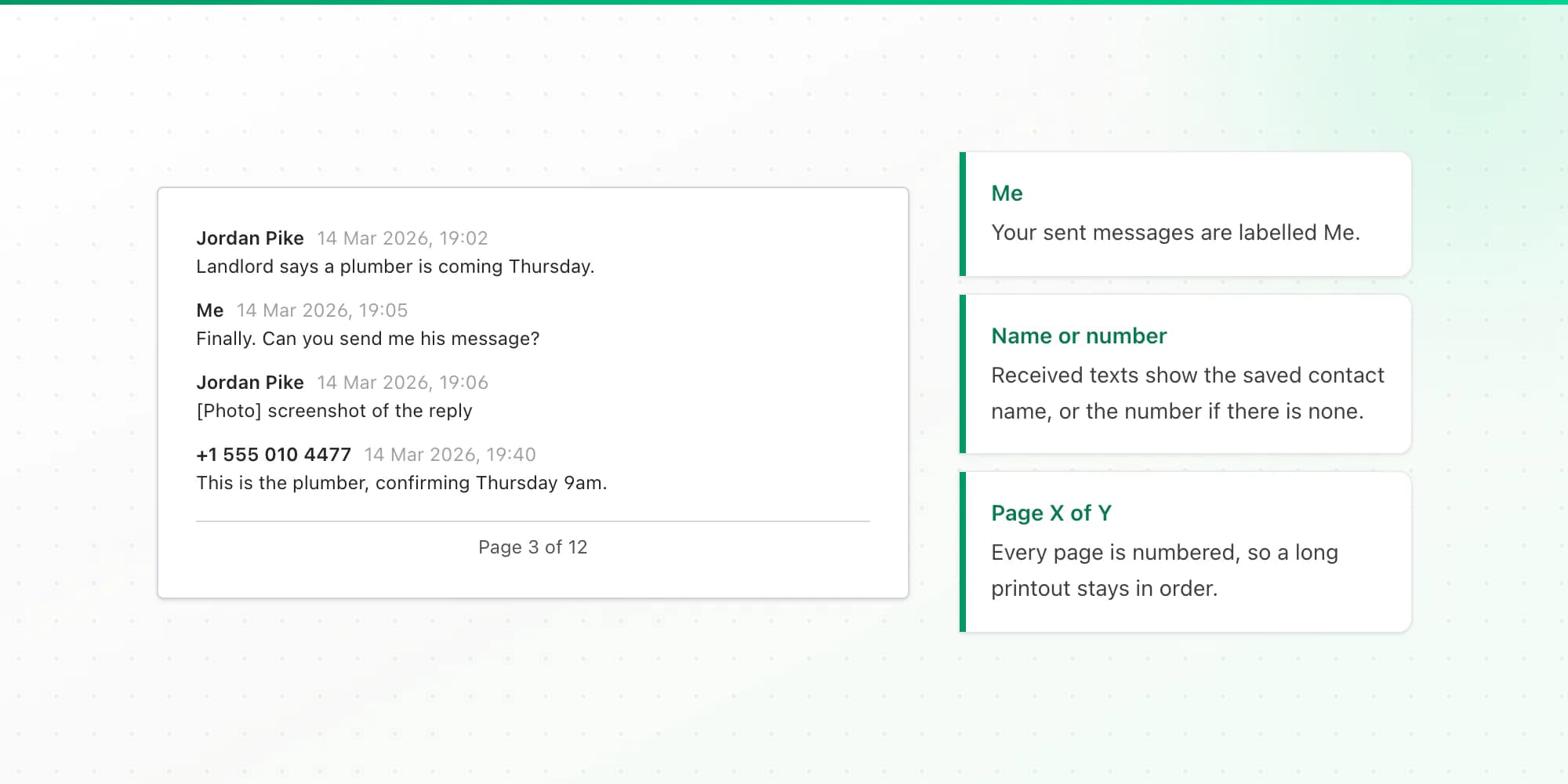 Printed Android text message page with sender names, full dates and times, and a Page 3 of 12 footer