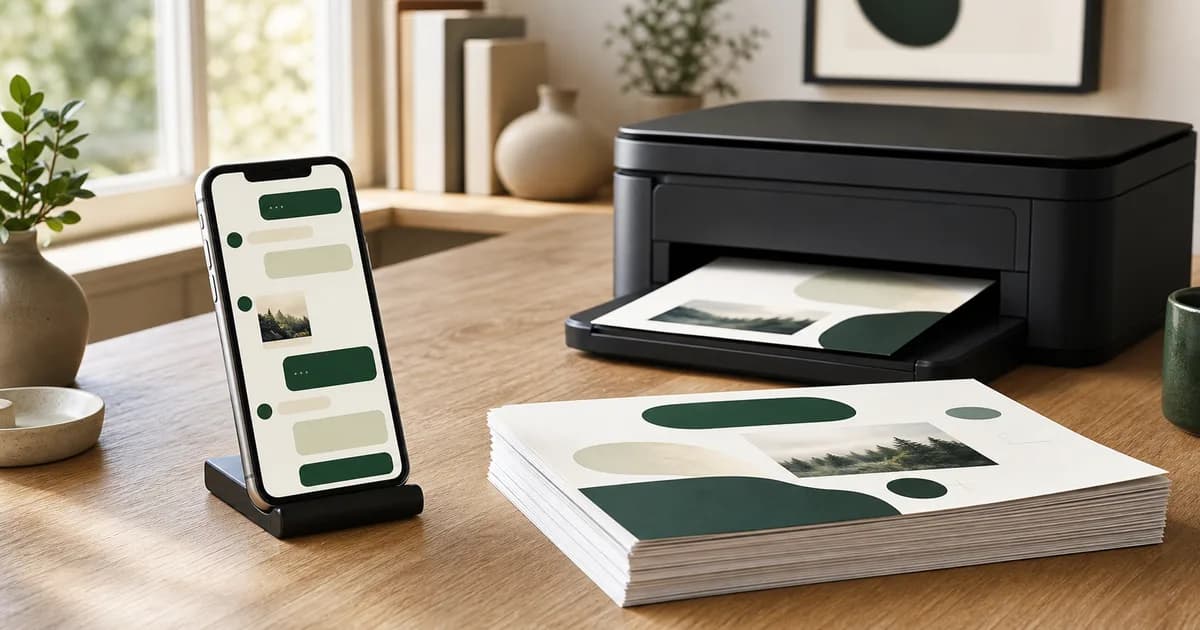 Teléfono con conversación junto a impresora y páginas maquetadas con mensajes de WhatsApp