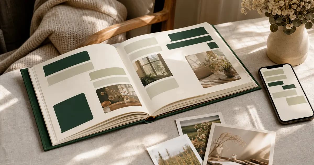 Livro de lembranças aberto com páginas de conversa e fotos ao lado de um celular
