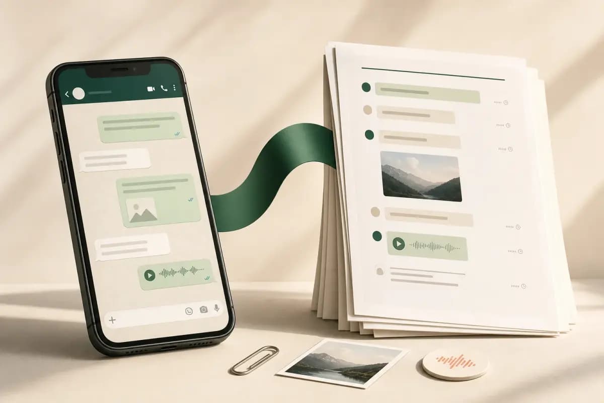 iPhone chat flowing into a durable bound PDF that preserves messages, photos, timestamps, and voice notes