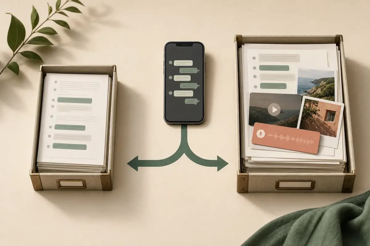 A text-only transcript compared with a complete preservation copy containing photos, video, and an audio message