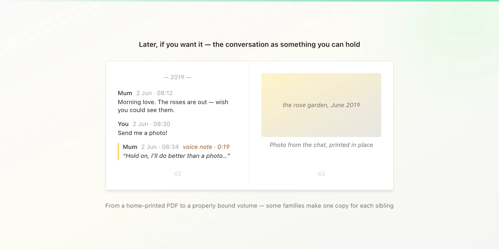 A WhatsApp conversation printed as a keepsake book, with messages, a voice note and a photo laid out on facing pages