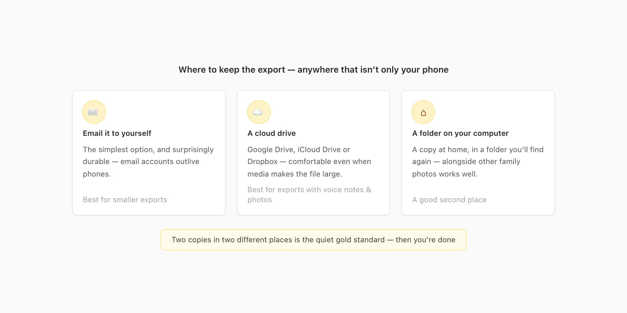 Three safe places to keep the WhatsApp export outside your phone: email to yourself, a cloud drive, or your computer