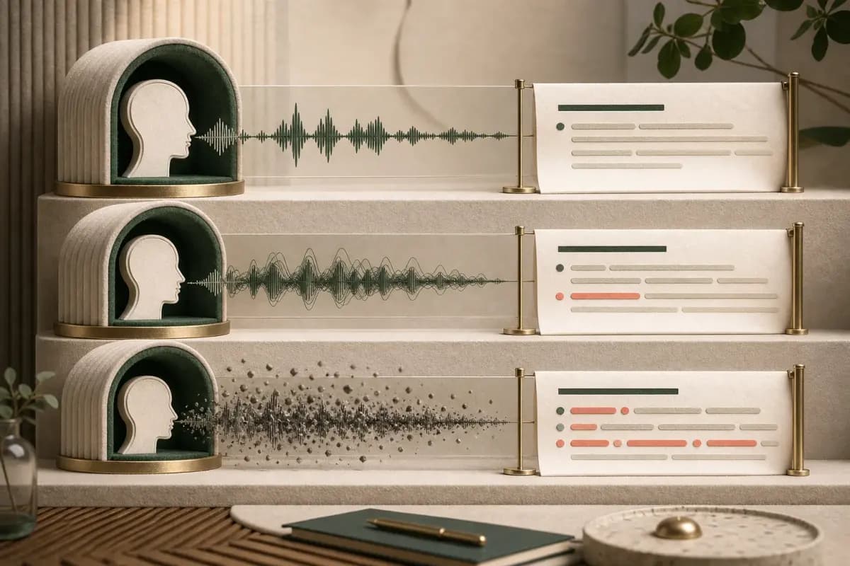 Clean, moderately noisy, and heavily noisy recordings compared with increasingly uncertain transcript output