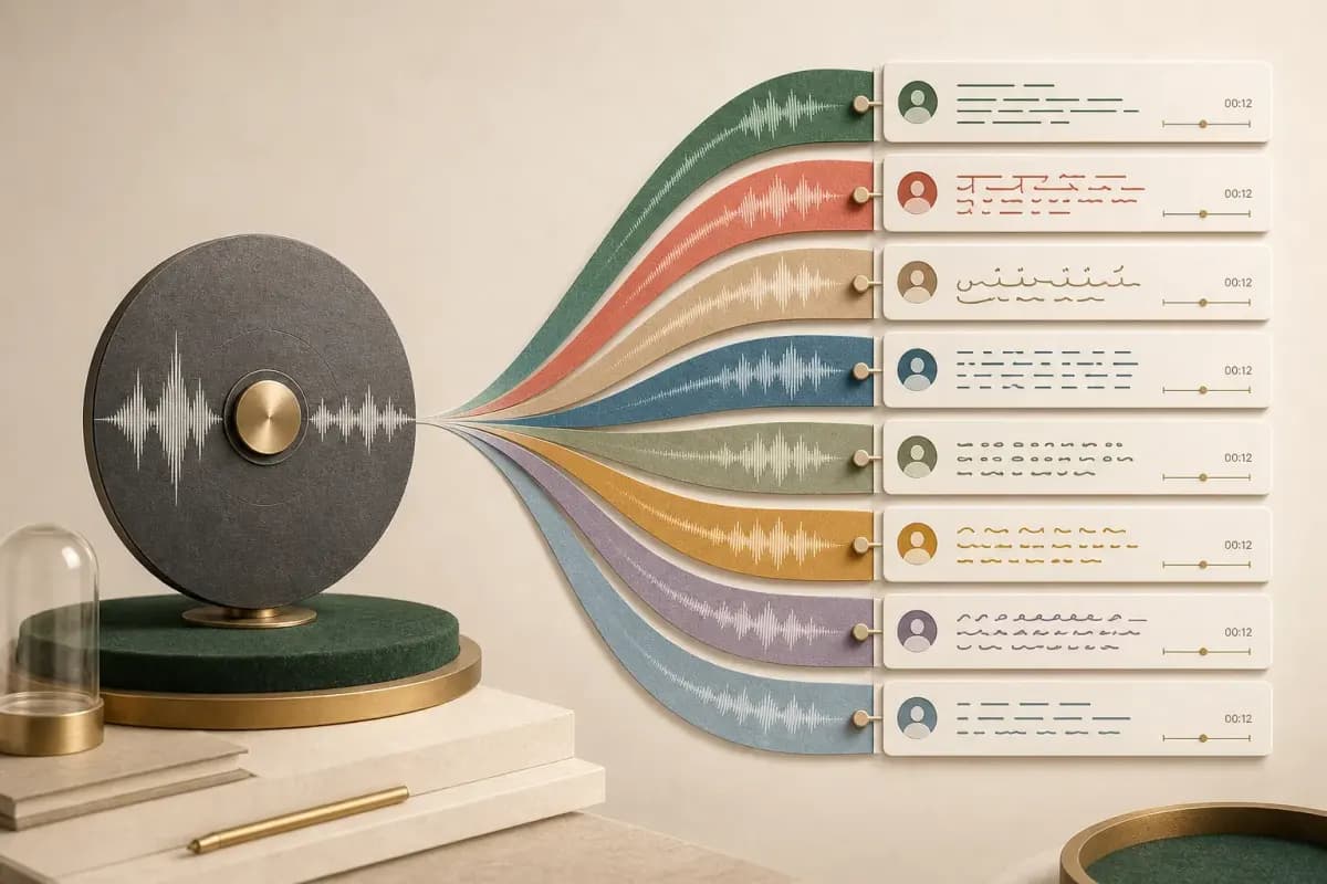 WhatsApp audio branching into eight multilingual transcript cards with speaker and timing markers