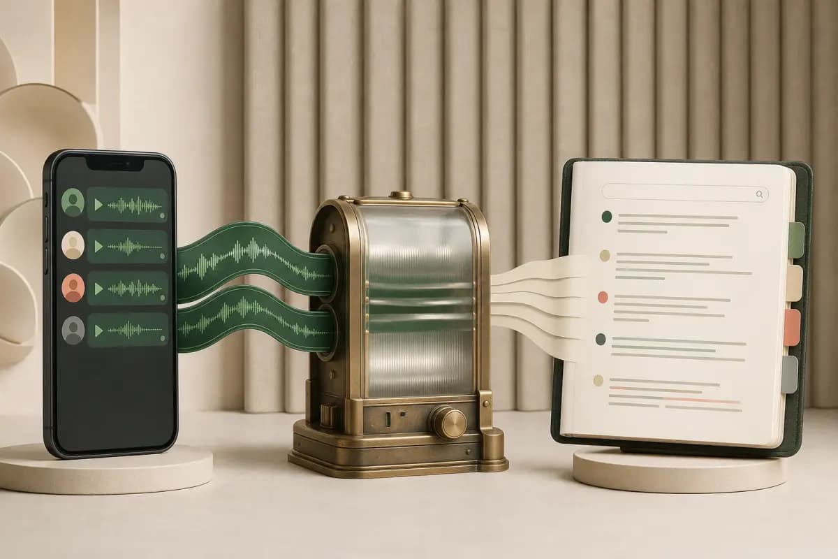 Mobile voice notes passing through a transcription engine into a searchable speaker-attributed transcript