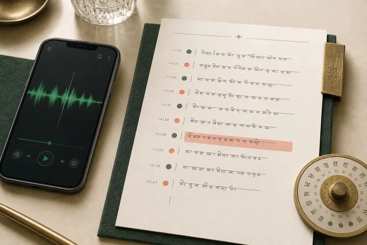 Hindi voice waveform beside a Devanagari transcript with speaker markers, timecodes, and a confidence highlight