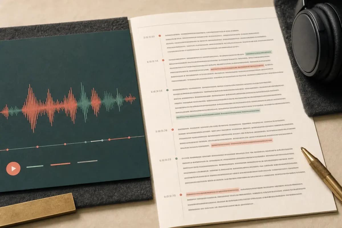 Spanish voice waveform aligned with a timestamped transcript page and highlighted confidence spans