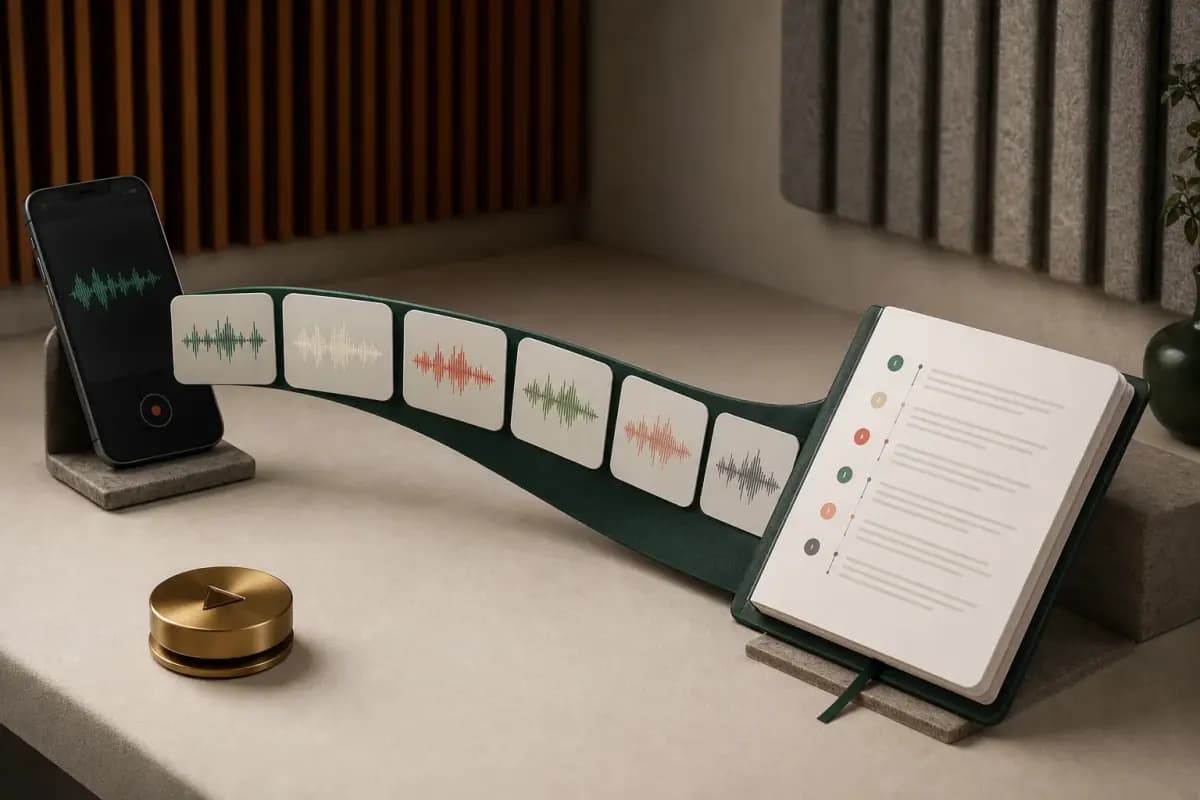 Six WhatsApp audio waveforms flowing from a phone into an organized transcript notebook