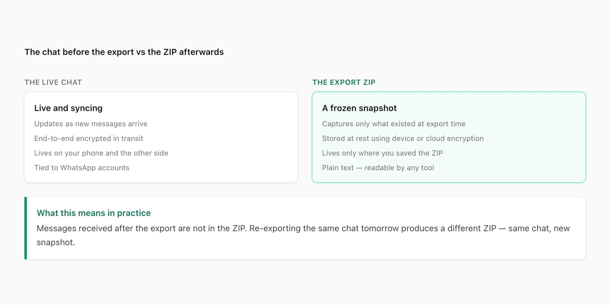 Live WhatsApp chat versus the export ZIP afterwards — syncing chat compared with frozen snapshot