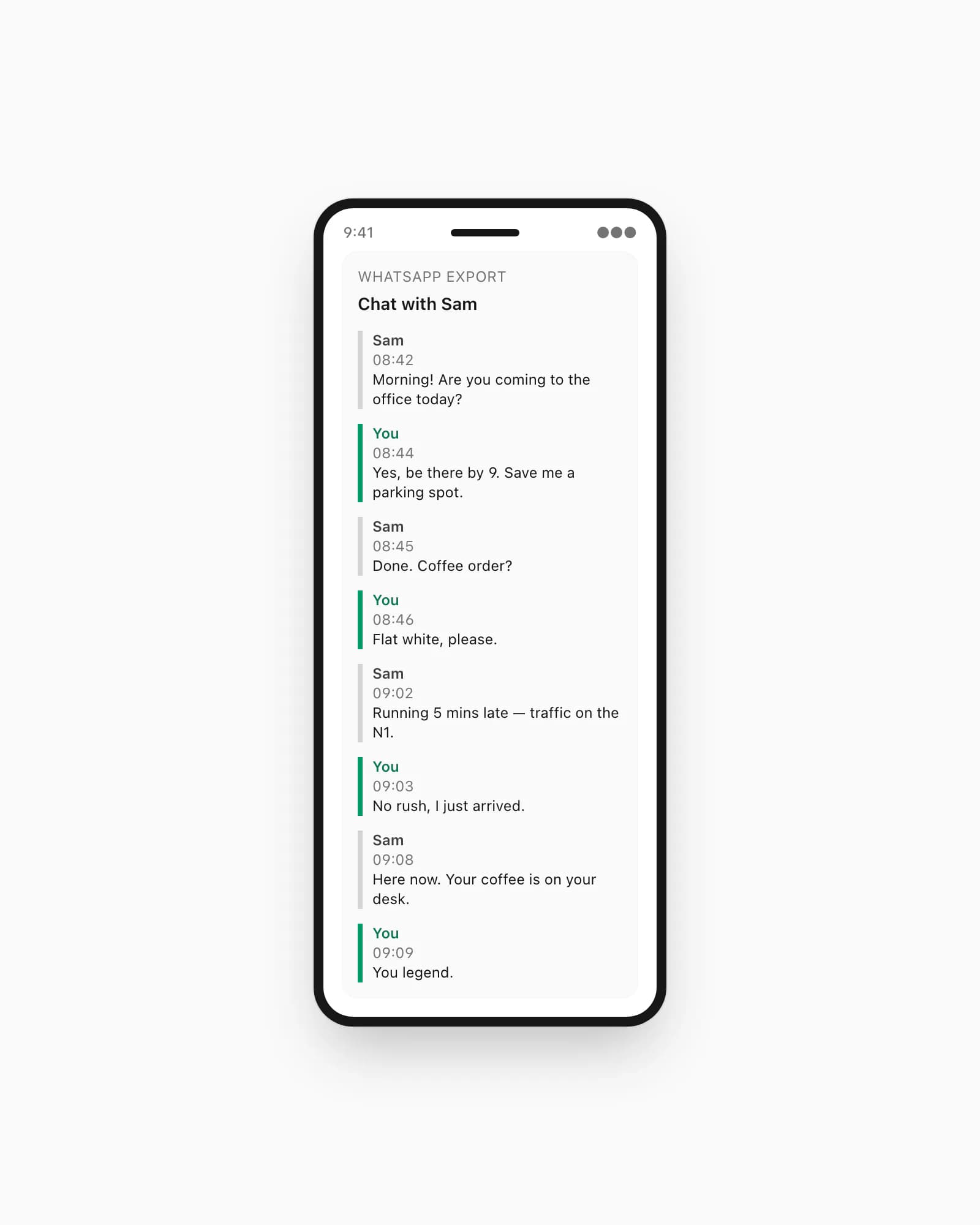 Sample WhatsApp to PDF page on iPhone showing sender attribution, timestamps, and the per-message layout