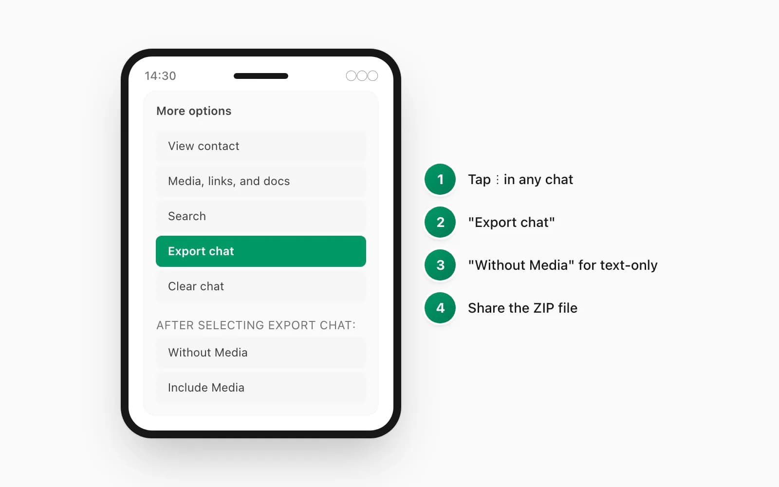 WhatsApp Android Export Chat menu showing Without Media and Including Media options