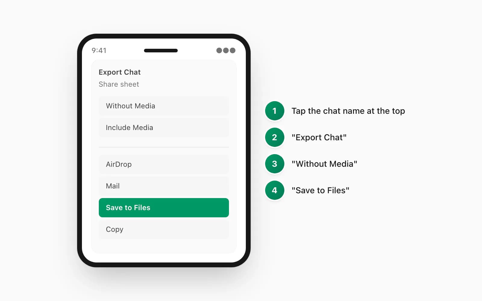 WhatsApp iPhone Export Chat menu showing Without Media and Including Media options, side-by-side with the Android equivalent