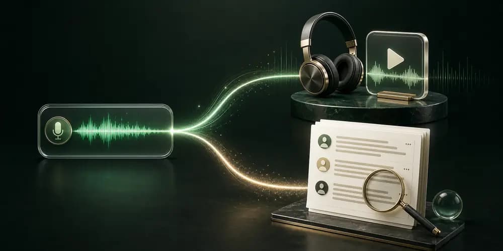 Voice-note waveform splitting toward playable audio headphones or a searchable, sender-attributed transcript