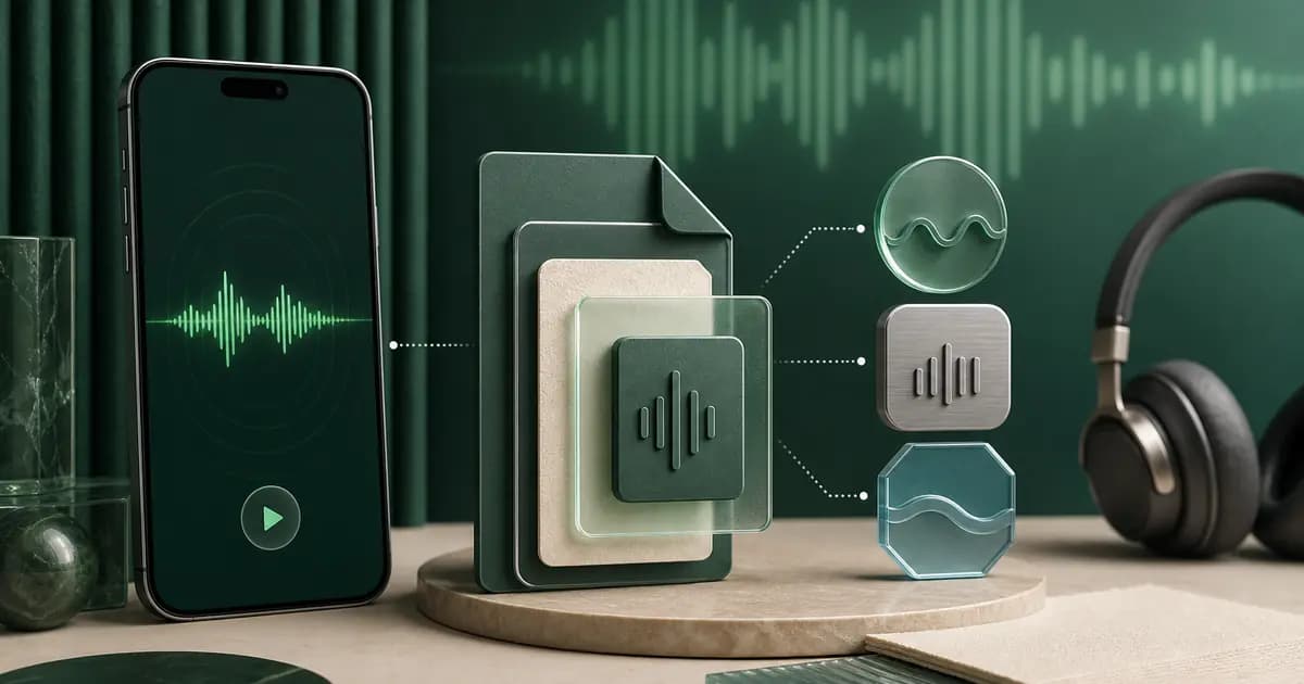 WhatsApp voice-note waveform flowing into layered audio file, codec and playback objects