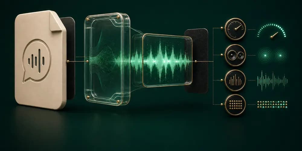 Exploded WhatsApp audio-file anatomy separating the outer file, container, codec waveform and measured properties