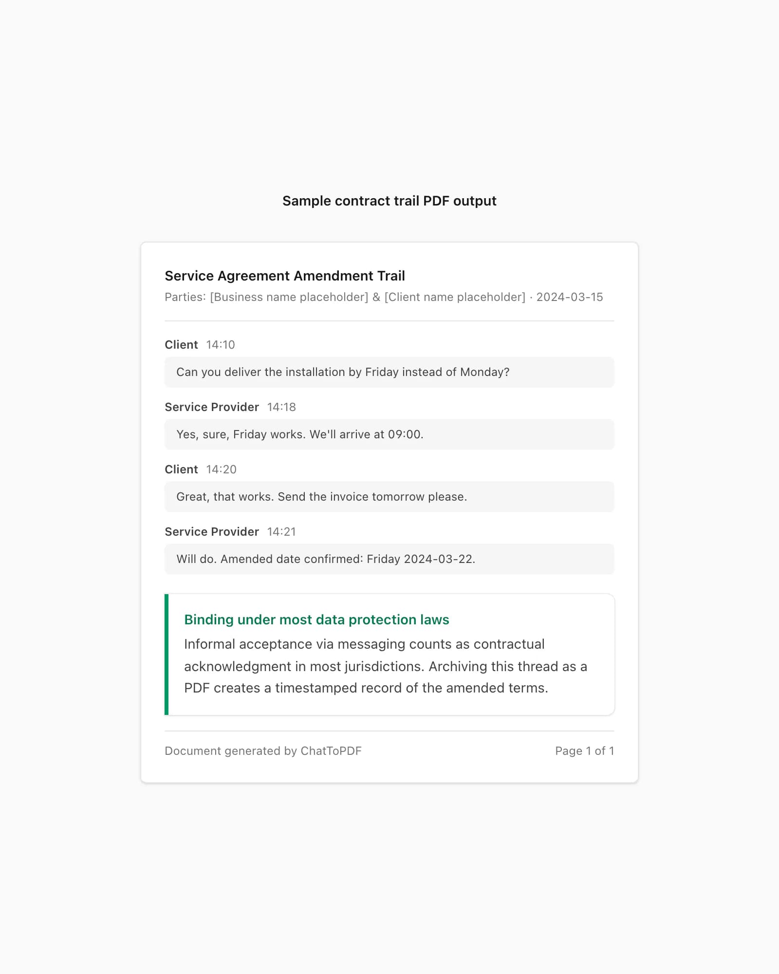 Sample contract trail PDF showing an informal yes message thread treated as a binding agreement record