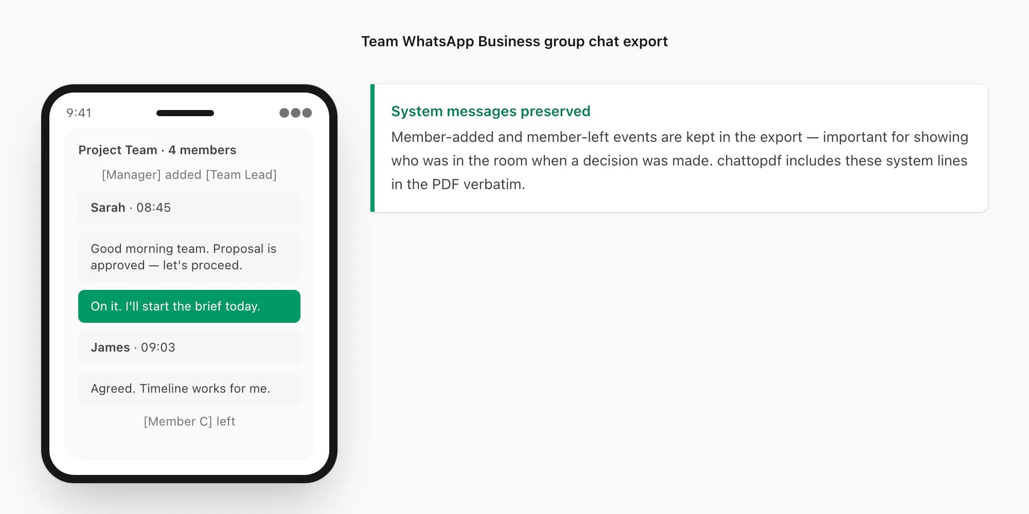 Team WhatsApp Business group chat export with member contributions attributed and system messages preserved