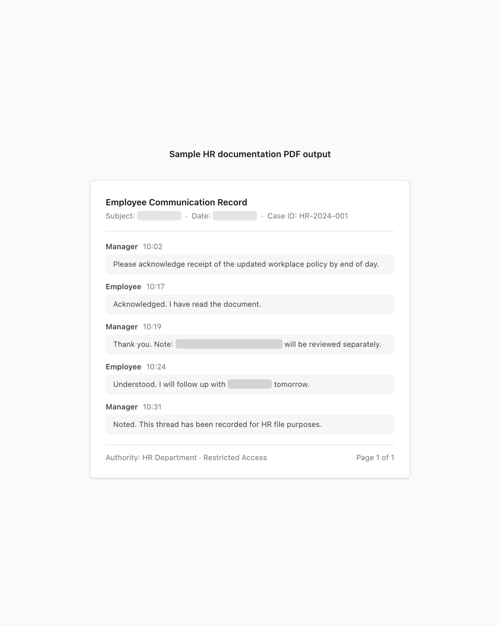 Sample HR documentation PDF showing employee chat exchange with redaction marks and a sender attribution header