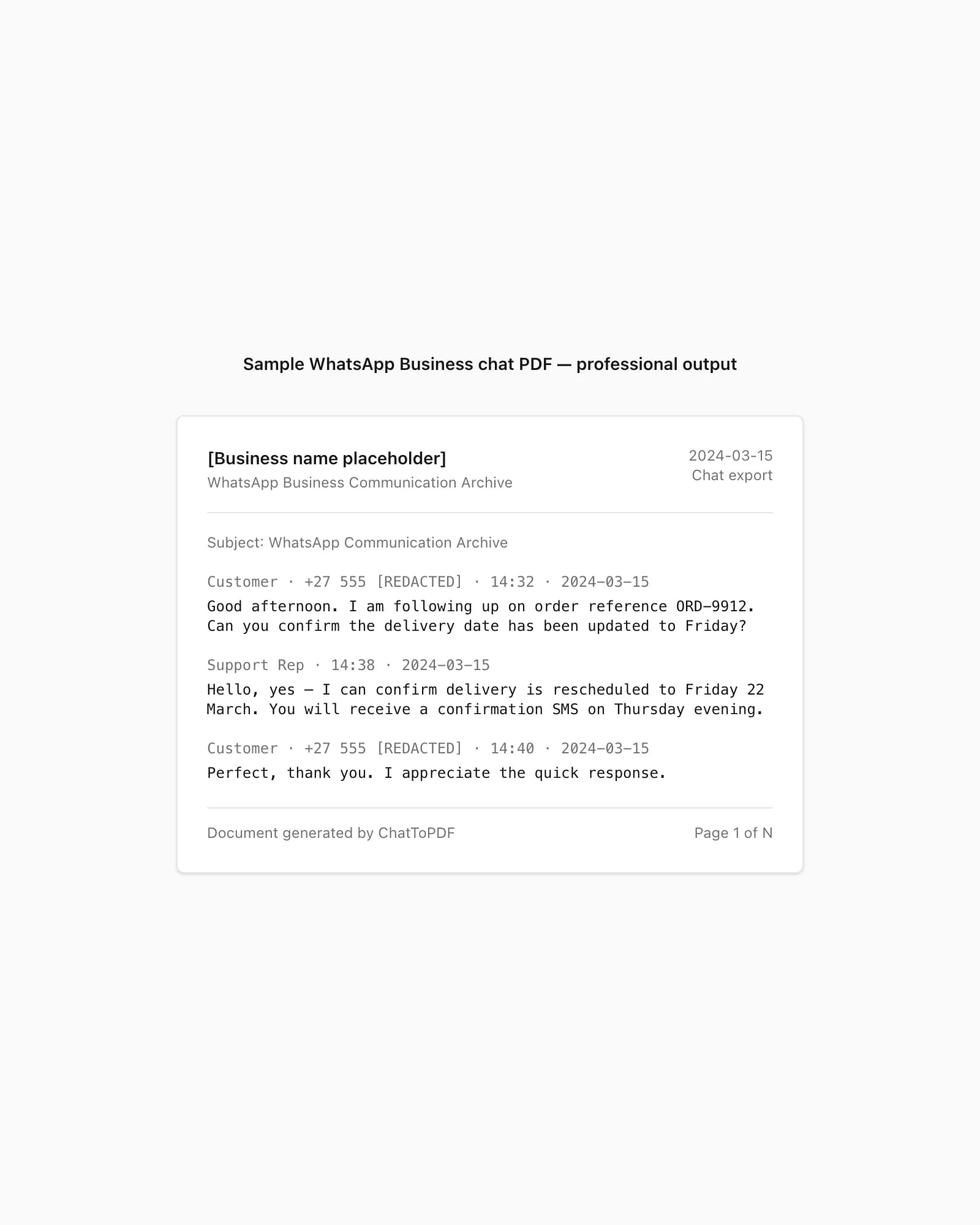 Sample WhatsApp Business chat PDF showing professional letterhead-style sender attribution and timestamps