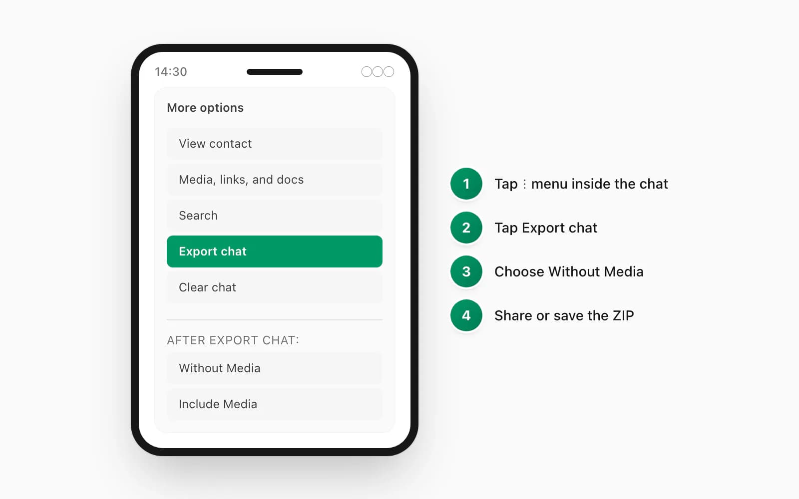 WhatsApp Android Chat-Export-Menü zeigt dieselben Optionen Ohne Medien und Mit Medien